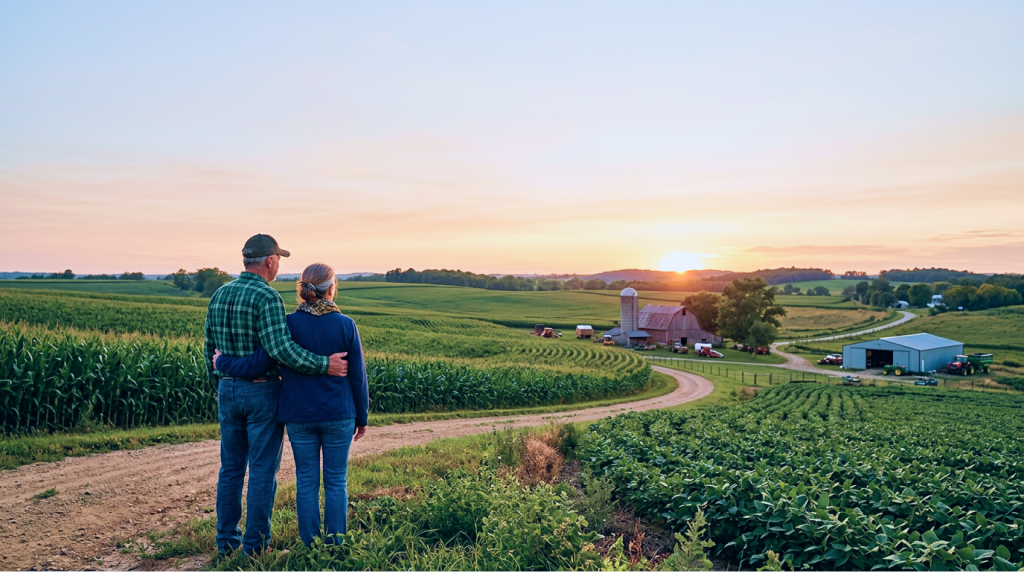 A farming family overlooking their farm at sunset